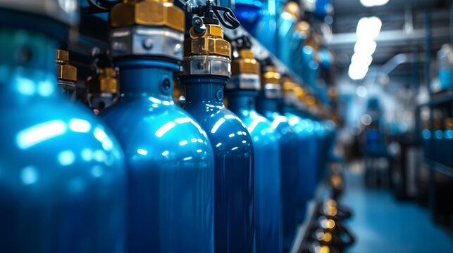 Oxygen cylinder with compressed gas. Blue Oxygen tanks for industry. Factory