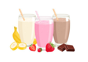 Set of milkshakes or smoothies in glasses. Strawberry, chocolate and banana protein shakes. Vector cartoon illustration.