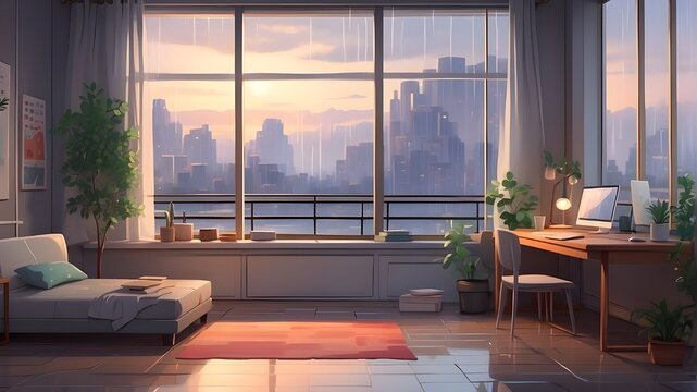 modern living room with fireplace, "An anime, manga-style depiction of a lo-fi empty interior with a window view of a rainy day. The scene features a colorful study desk, exuding a cozy chill vibe tha