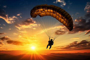 Excited positive happy parachutist in free fall over blue sky. ai generative picture collage - obrazy, fototapety, plakaty