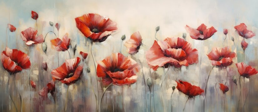 A beautiful art piece depicting peach and magenta flowers in a field, showcasing the vibrant colors of nature and the blooming of flowering plants