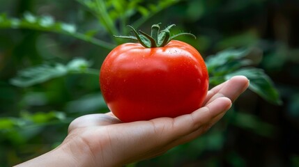 Ripe tomato held in hand, selecting tomatoes on blurred background with copy space