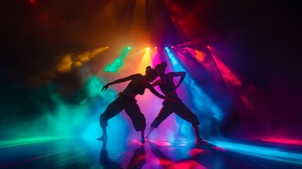 Silhouettes of two dancers in a powerful pose on stage, highlighted by vivid stage lights and...