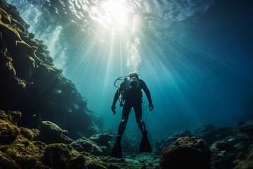 Diver underwater notion of depth and diving in the ocean generative AI