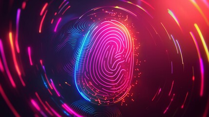 A vibrant fingerprint pattern illuminated by neon light trails and particles, creating a dynamic sense of motion and cybersecurity concept.