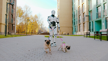 Two cute pugs on long leashes walking with modern humanoid robot outdoors. Futuristic machine...