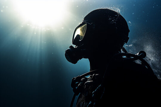 AI generated picture of diver man swimming in the deep ocean blue light under water
