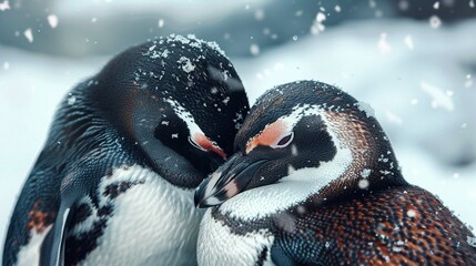 Two penguins huddled together  - obrazy, fototapety, plakaty