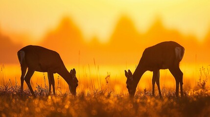 Two silhouettes of deer grazing in a field 