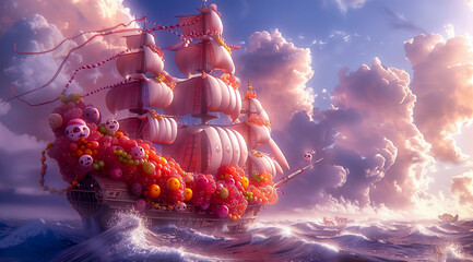 A surreal pirate ship with white sails adorned with skulls floats on a peaceful ocean at sunset