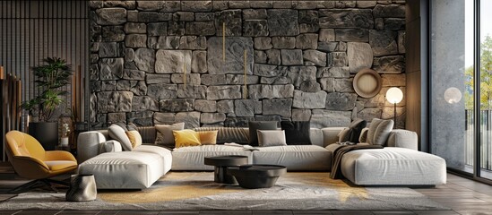 Luxurious living room design with a grey stone wall