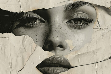 Collage portrait painting facial closeup eye contact print design art poster Generative AI...