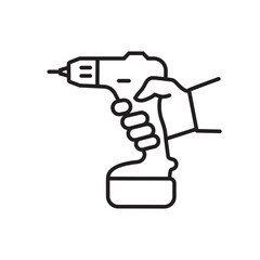 Electric screwdriver black line icon. Battery screwdriver or drill in hand. Home renovation equipment. Tools of the handyman. Vector illustration flat design. Isolated on white background.