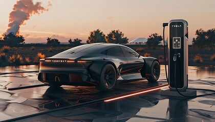 Black futuristic electric sports car charges at the charging station on sunset background