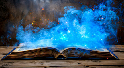 An open book with glowing blue flames on a wooden table in a smokey room - obrazy, fototapety, plakaty