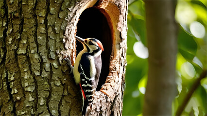 woodpecker made a hole in the tree - obrazy, fototapety, plakaty