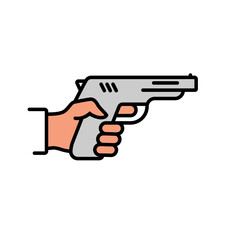 Pistol in hand. Black line icon. Gun in hand human. Firearms silhouette isolated on background. Man is armed for protection or attack. Vector illustration flat design.