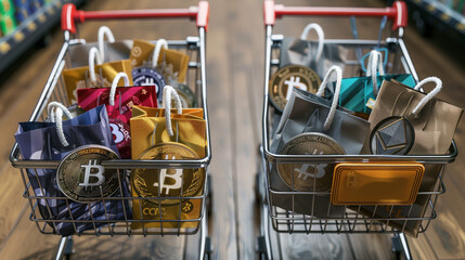 Shopping Carts Laden with Digital Currencies and Symbols