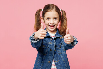 Little child cool smiling cute kid girl 7-8 years old wearing denim shirt have fun showing okay ok...
