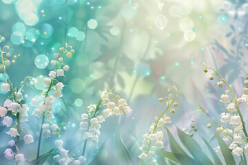 Delicate lilies of the valley blooming amidst a festive backdrop of blossoming flowers - obrazy, fototapety, plakaty
