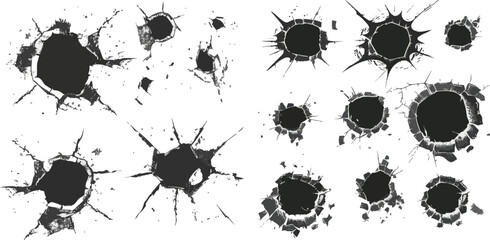 Bullet shot damaged elements on metallic surface - obrazy, fototapety, plakaty