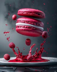 Exclusive food photo for a magazine macaron dessert, extravagant serving, artistic culinary decoration, precisely detailed - obrazy, fototapety, plakaty