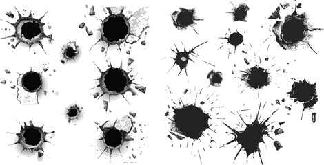 Gun pistol bullethole silhouettes target shooting torn crack elements - obrazy, fototapety, plakaty