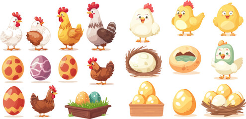 Hen farm egg, nest and tray of chickens eggs - obrazy, fototapety, plakaty