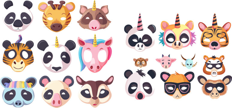 Koala and cow, unicorn and monkey, owl carnival zoo masks vector set