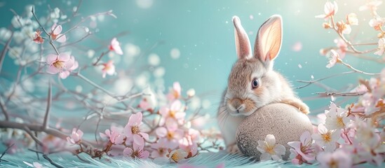 Fototapeta na wymiar Adorable Rabbit Hatching from Egg Amid Delicate Willow Branches and Vibrant Floral Blooms on Pastel Blue Background