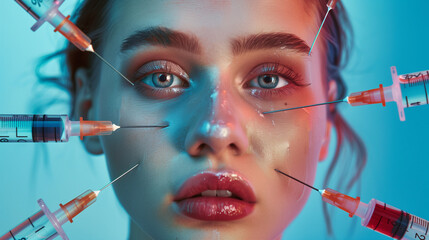 Lots of syringes with needles around a beautiful female and scared face. Concept cosmetology and rejuvenation with injections - obrazy, fototapety, plakaty