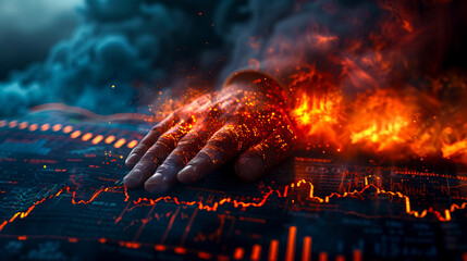A hand rests on a fiery digital stock market display, symbolizing loss or a market crash - obrazy, fototapety, plakaty