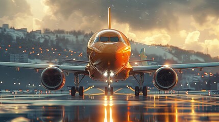 an orangecoloured aeroplane that is about to take off, realistic photo - obrazy, fototapety, plakaty