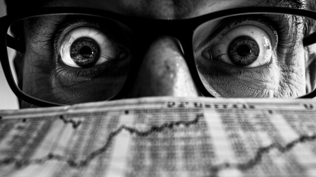 Intense black and white image of a person wearing glasses looking closely at financial newspaper data