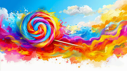 Vibrant swirl lollipop on a dynamic colorful paint splash background with clouds in the sky - obrazy, fototapety, plakaty