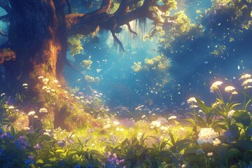 Fototapeta na wymiar A fantasy forest scene with glowing flowers and fireflies
