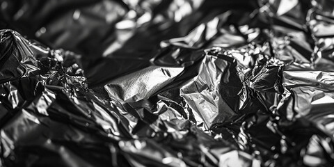 Aluminium foil texture background. Crumpled metal surface close up. Blank glued for wallpaper. surface from wrapping paper. Wrinkled shiny silver foil for banner, poster, overlay and design element - obrazy, fototapety, plakaty