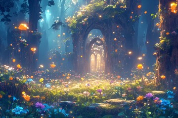 Obraz na płótnie Canvas A fantasy forest scene with glowing flowers and fireflies,