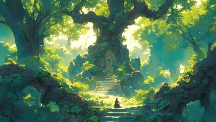 A fantasy landscape of an enchanted forest with giant trees, vibrant green foliage and lush vegetation. A small statue sits atop the center steps in front  - obrazy, fototapety, plakaty