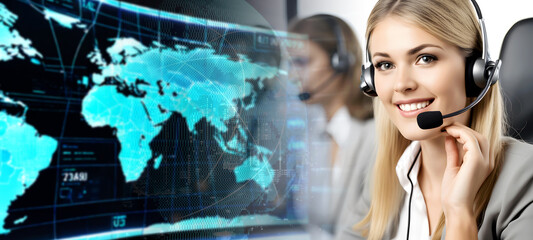 Young friendly operator woman agent with headsets. Beautiful business woman wearing microphone working at office as a telemarketing customer service agent with world map networking connection  - obrazy, fototapety, plakaty