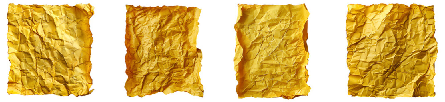 Yellow wrinkled paper texture set PNG. Yellow crumpled paper top view PNG. Yellow old paper texture for overlay PNG. Crinkly old paper isolated