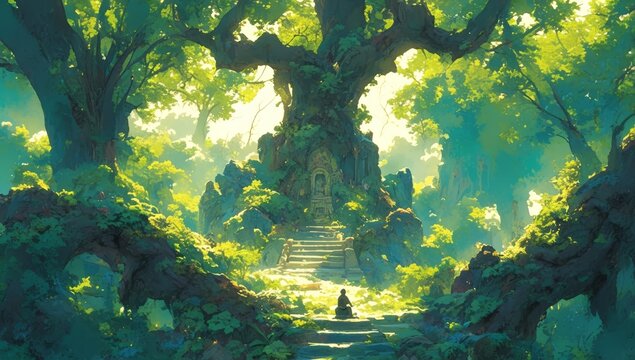 A fantasy landscape of an enchanted forest with giant trees, vibrant green foliage and lush vegetation. A small statue sits atop the center steps in front 