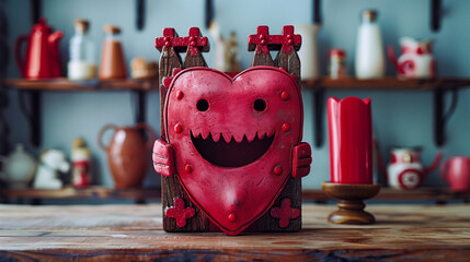 A whimsical red heart-shaped character with a big smiling mouth and crosses for eyes stands on a wooden table - obrazy, fototapety, plakaty