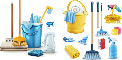 Realistic 3d home cleaning tools, brooms, mop and bucket - obrazy, fototapety, plakaty
