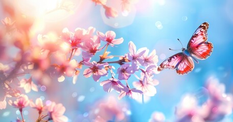 Fototapeta na wymiar Beautiful pink butterfly and cherry blossom branch in spring on blue sky background, soft focus. Amazing elegant artistic image of spring nature, frame of pink Sakura flowers and butterfly.