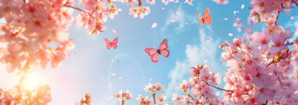 Spring banner, branches of blossoming cherry against a background of blue sky, and butterflies on nature outdoors. Pink sakura flowers, dreamy romantic image spring, landscape panorama, copy space.