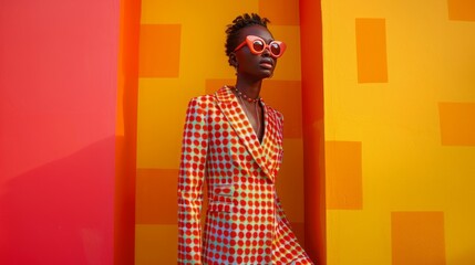 a gorgeous African woman is posing in a colorful suit against orange and yellow background, in pop...