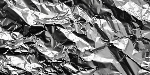 Crumpled foil close-up. Macro shooting of mashed metal paper. Silver background texture. Abstract monochrome overlay background black and white silver effect. Texture of shiny piece aluminium foil