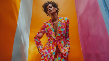 a beautiful androgynous man is posing in a colorful suit, pop art style