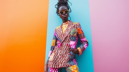a stunning black woman posing in colorful retro clothes, pop art style
